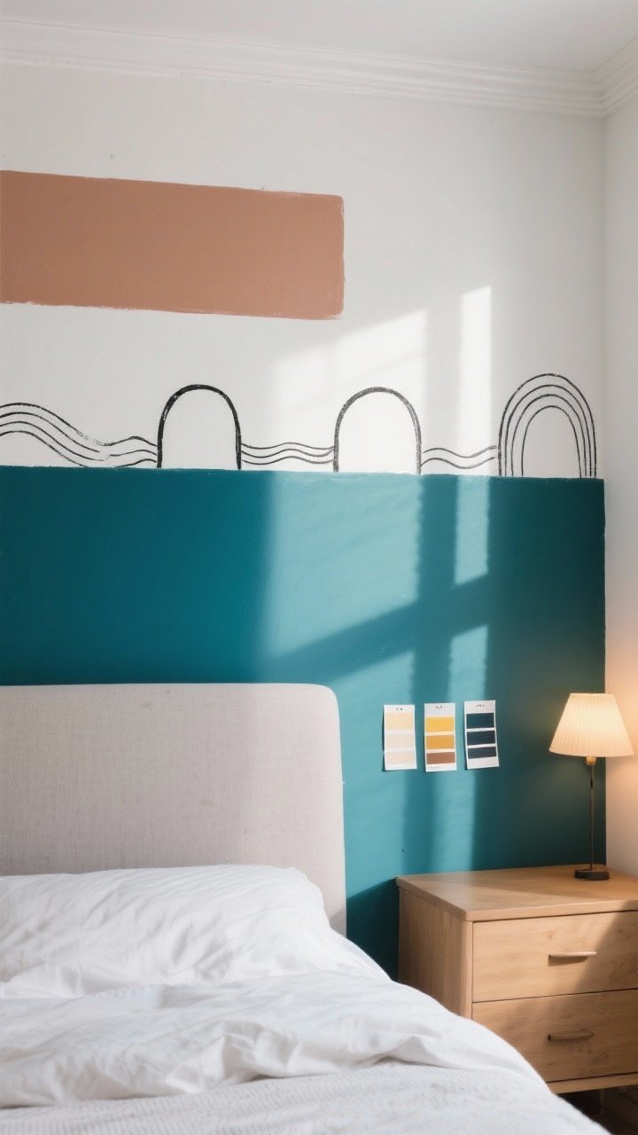 A medium, straight-on shot of a light-filled bedroom wall showing purposeful paint techniques: the bottom third color-blocked in a bold deep teal with the top two-thirds crisp white, a painted rectangular “headboard” zone in muted clay behind a simple bed, and small micro-mural accents—thin black paint-pen arches and waves—near a dresser corner; include three paint swatches taped to the wall viewed under mixed natural daylight and warm lamp light to show how the colors shift morning, noon, and evening; clean, modern decor, no crown molding, photorealistic.