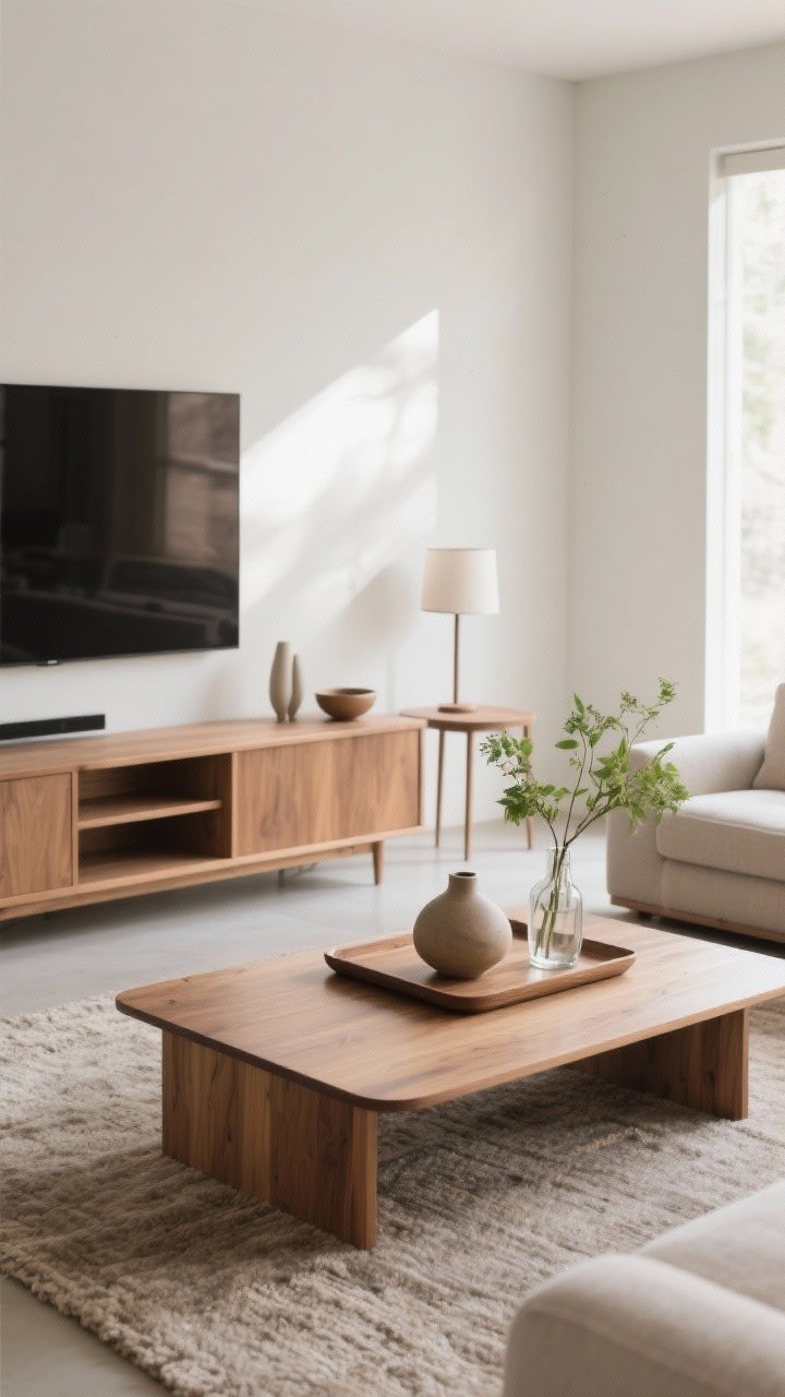 A medium, straight-on shot of a minimalist living room coffee table styled like a pro: a rectangular oak tray holding a single sculptural ceramic object and a small greenery moment (fresh stems in a clear glass bud vase), on a smooth-top table over a low-pile rug; nearby, a media console carries 2–3 low-profile decor items spaced with breathing room; a side table shows only a slim lamp and a tiny catchall bowl; neutral palette with mid-tone woods, matte ceramics, and soft natural morning light for an uncluttered, intentional look.