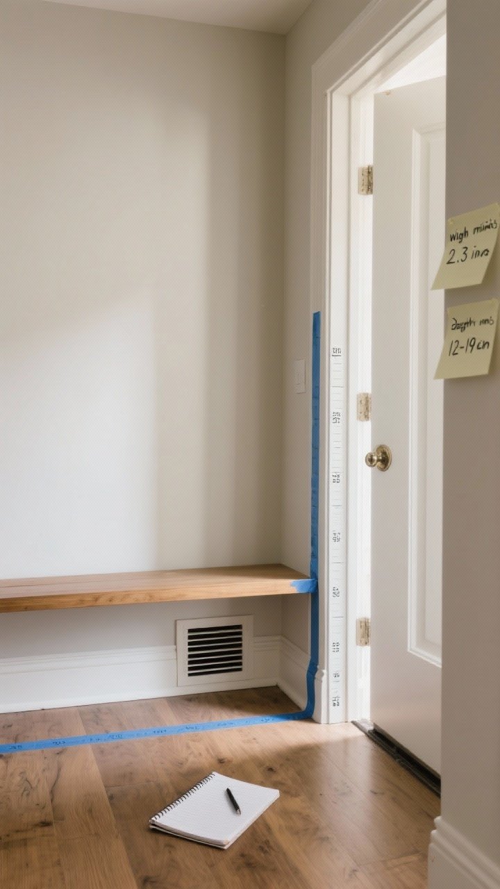 A medium, straight-on shot of a narrow entryway corner with a tape measure stretched along the wall and floor, blue painter’s tape marking the planned bench width and depth, visible baseboards and a floor vent noted on a notepad on the floor; include a door swing clearance outlined with tape, measurements written on sticky notes (width minus 2–3 inches, depth 12–16 inches, height 17–19 inches), neutral walls and matte wood floors, soft natural morning light, no bench yet—just the planning scene emphasizing precise fit.