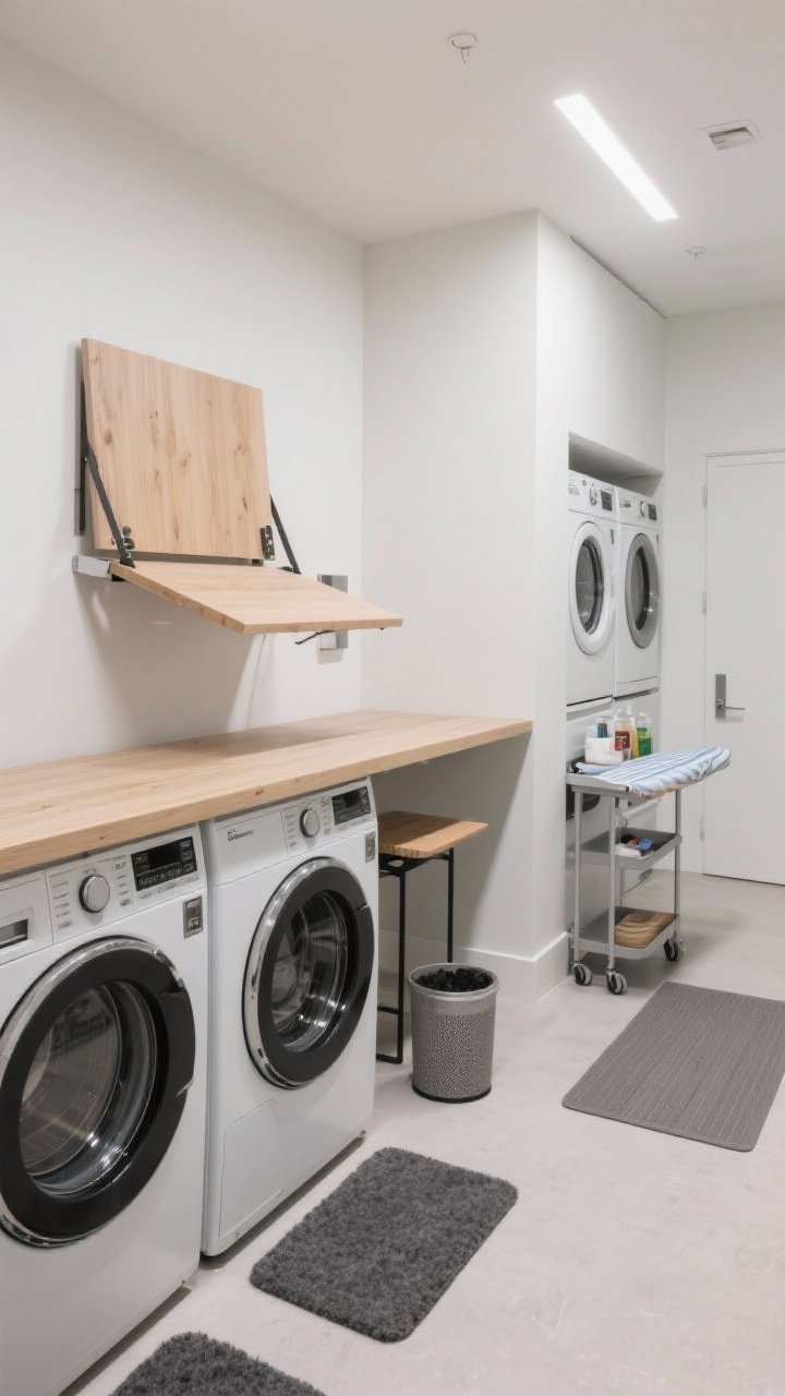 A medium, straight-on shot of a removable countertop slab in light oak sitting snugly over front-load machines with felt pads, forming a folding station; a fold-down wall-mounted drop-leaf table nearby, a slim rolling cart between machines holding supplies and a small folding surface, and a folding ironing mat placed on the dryer; a small lint bin on the floor beside the machines; bright task lighting, clean modern vibe, no visible screws or hardware.