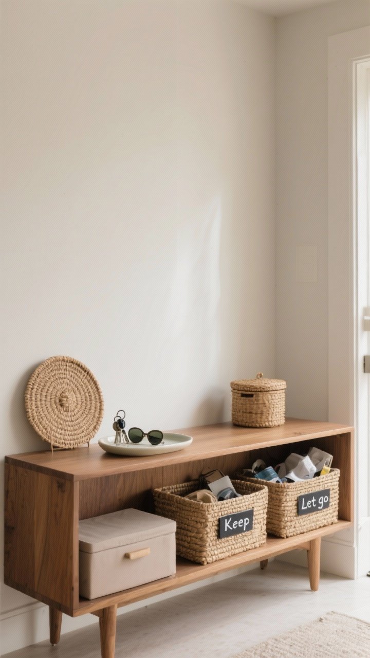A medium, straight-on shot of an entry console undergoing a “purposeful reset”: one half styled and 30% clear, the other half cluttered items sorted into three labeled baskets (keep, relocate, let-go). Include a nightstand-sized lidded rattan basket and a shallow ceramic tray neatly holding keys and sunglasses. Neutral wall, warm wood console, soft natural daylight from the side. Emphasize breathing room on surfaces and tidy edges, no people, photorealistic.