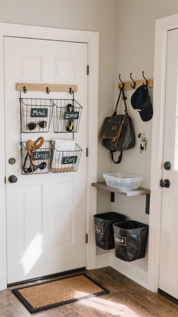 A medium, straight-on view of a small entryway “drop zone” styled on a tight budget: wire baskets hung on command hooks by the door labeled for mail, sunglasses, and dog leashes; a plastic tray with felt pads acting as a key catch-all on a slim console; over-the-door hooks holding bags and hats; plain bins wrapped in Dollar Tree faux leather/contact paper with chalkboard labels; a thin clear plastic dishpan used as a discreet doormat tray. Neutral palette with black accents, soft natural afternoon light, tidy and functional.