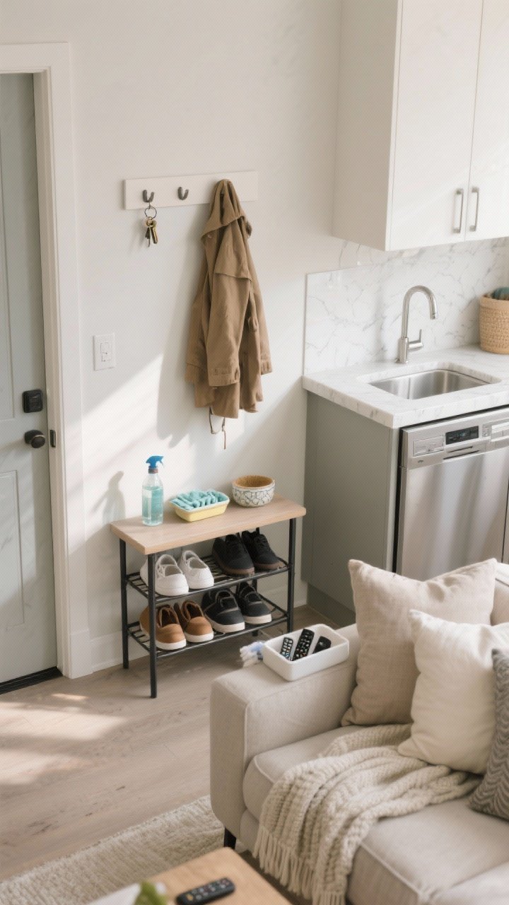 A medium, straight-on view of a tidy “10-minute daily reset” visibility zone trio: entryway with shoes neatly lined on a low rack, coats on simple wall hooks, and keys in a ceramic tray on a small console; adjacent open kitchen shows empty sink, loaded dishwasher closed, and wiped quartz counters; living room edge with fluffed pillows and folded knit throws on a neutral linen sofa, remotes corralled in a small tray. Include a compact cleaning caddy on the counter with microfiber cloths, all-purpose spray, glass cleaner, and a magic eraser. Soft morning natural light, clean lines, calm mood.