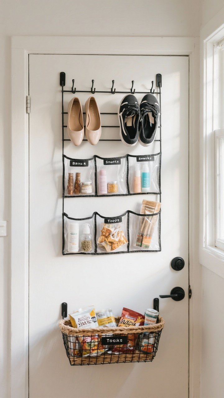 A medium, straight-on view of an interior door in a small apartment entry with an over-the-door organizer system: clear pocket organizers filled with skincare, spices, and cleaning sprays on the top half; a sturdy metal-hook shoe rack holding heels, flats, and bulky sneakers on the bottom; and a basket-style door rack with snacks, foil, wraps, and small jars. Neutral white door, matte black metal hooks, mesh and clear vinyl pockets for instant visibility. Soft natural daylight from a nearby window, subtle wall shadows. Minimal labels on each section for beauty, snacks, and tools. Photorealistic, crisp textures of mesh, clear plastic, and powder-coated metal.