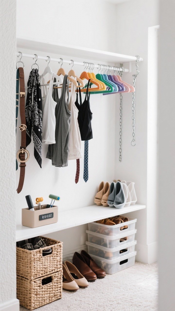 A medium view inside a closet showcasing space-saving magic: S-hook and chain hack hanging from a main hanger with multiple tank tops and scarves vertically; a hanger with clipped-on shower curtain rings corralling belts and ties; stackable bins on the floor sorting shoes by season; a small labeled caddy on the shelf holding a lint roller, mini sewing kit, and fabric defuzzer; plastic hangers grouped by color for a neat aesthetic. Cool white lighting, clean white walls, subtle texture of woven bins.