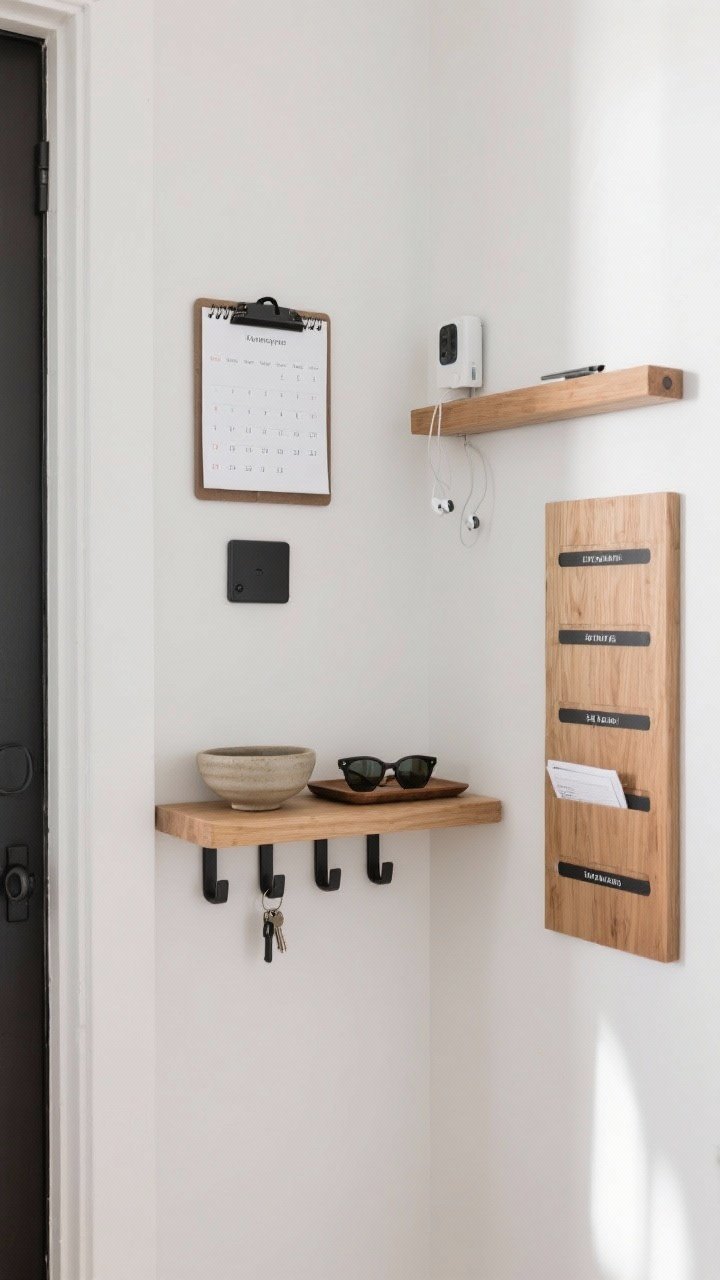 A narrow entryway wall styled as a slim command center, straight-on medium shot: a 4–6 inch deep floating narrow shelf in light oak holds a small ceramic catchall bowl, sunglasses, and a tiny tray with magnetic key hooks mounted below; to the right, a wall-mounted mail sorter with labeled slots prevents paper clutter; above the shelf, a mini whiteboard calendar for reminders; a discreet charging ledge segment with concealed cord clip tucks a phone and earbuds; clean, mostly clear surface with each item in a defined spot; soft natural daylight, neutral palette with light wood, white walls, matte black accents for hardware; photorealistic, no people.