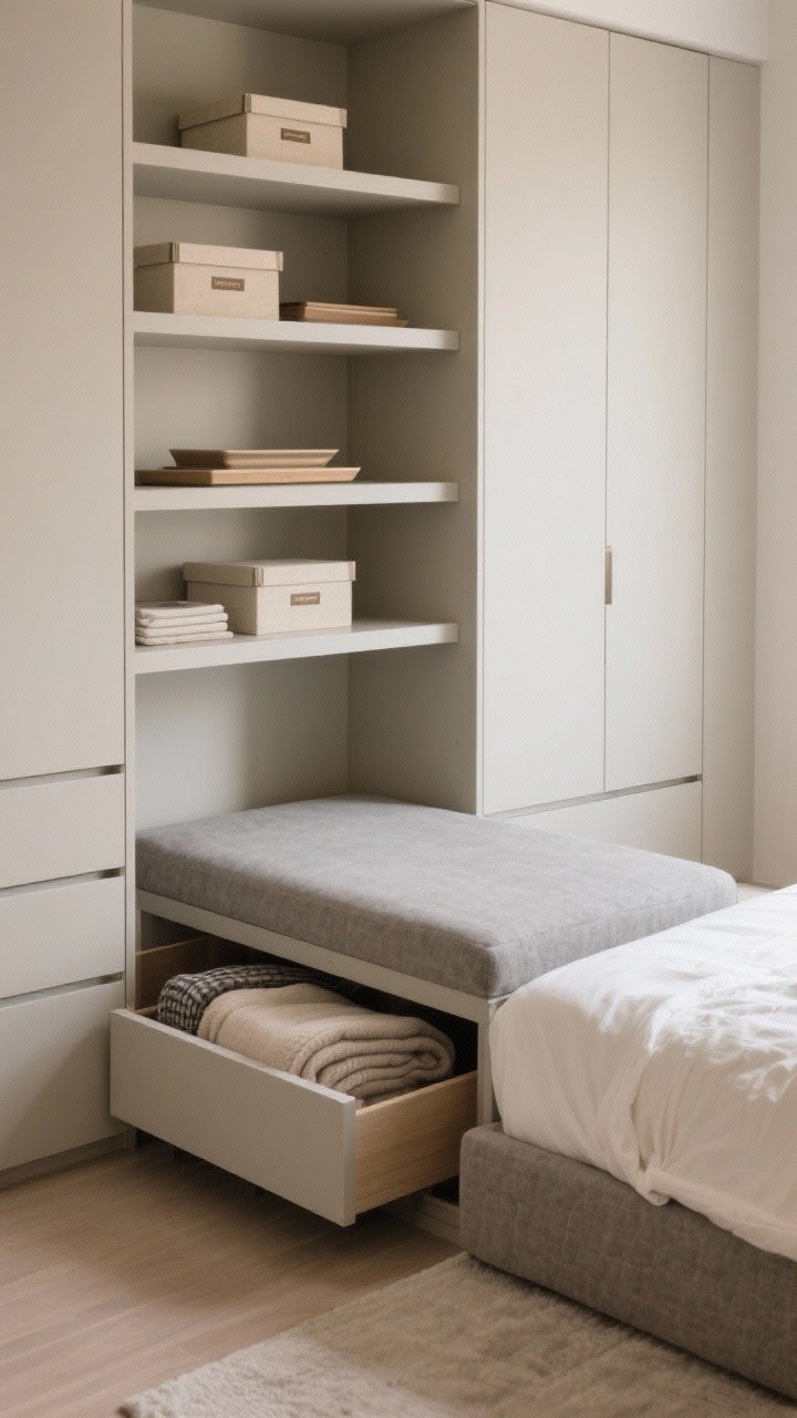 A straight-on medium shot of hidden storage solutions: a matte stone-colored ottoman with a liftable lid slightly ajar revealing neatly folded blankets, a low-profile fabric under-bed bin peeking from beneath a bed with warm white linens, and a closed-front cabinet replacing open shelves; on open shelving, trays and lidded boxes in neutral tones corral items, exteriors pristine, subtle labels visible inside a drawer; calm, tidy aesthetic, soft warm lighting, photorealistic.