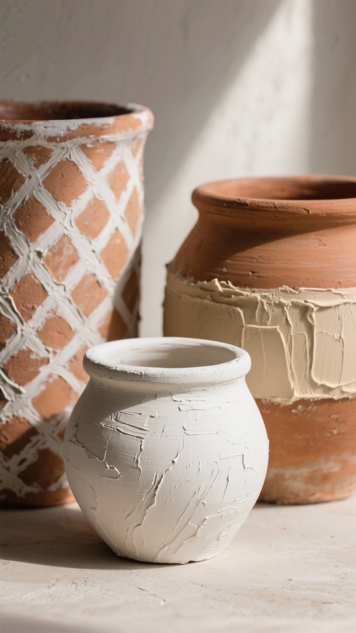 A tight detail closeup of textured finishes on terracotta: foreground pot with thin, organic spackle strokes lightly sanded for a soft, lived-in plaster finish, painted in creamy white chalk paint; a second pot showing baking-soda paint mix applied in short, crisscross strokes for a gritty, ceramic-like surface; a third pot taped with a thick raised spackle band painted a contrasting oat tone; side lighting to rake across surfaces and emphasize tactile texture, shallow depth of field