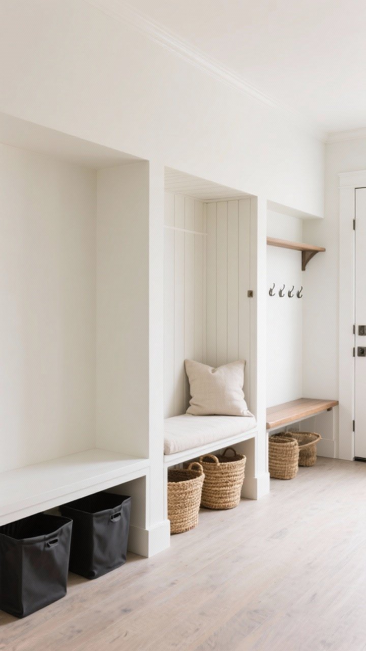 A wide, straight-on view of three side-by-side vignette mockups of the same small entry bench to showcase styles: left is Minimal & Sleek with clean slab sides, matte warm white paint, and hidden matte-black bins (Scandinavian feel); center is Cottage & Cozy with shiplap sides, a beadboard back, soft linen cushion, and woven seagrass baskets; right is Mudroom Lite with a simple painted back panel, a row of understated hooks, and a slim top shelf; consistent doorway trim color matched to each bench, bright even daylight.