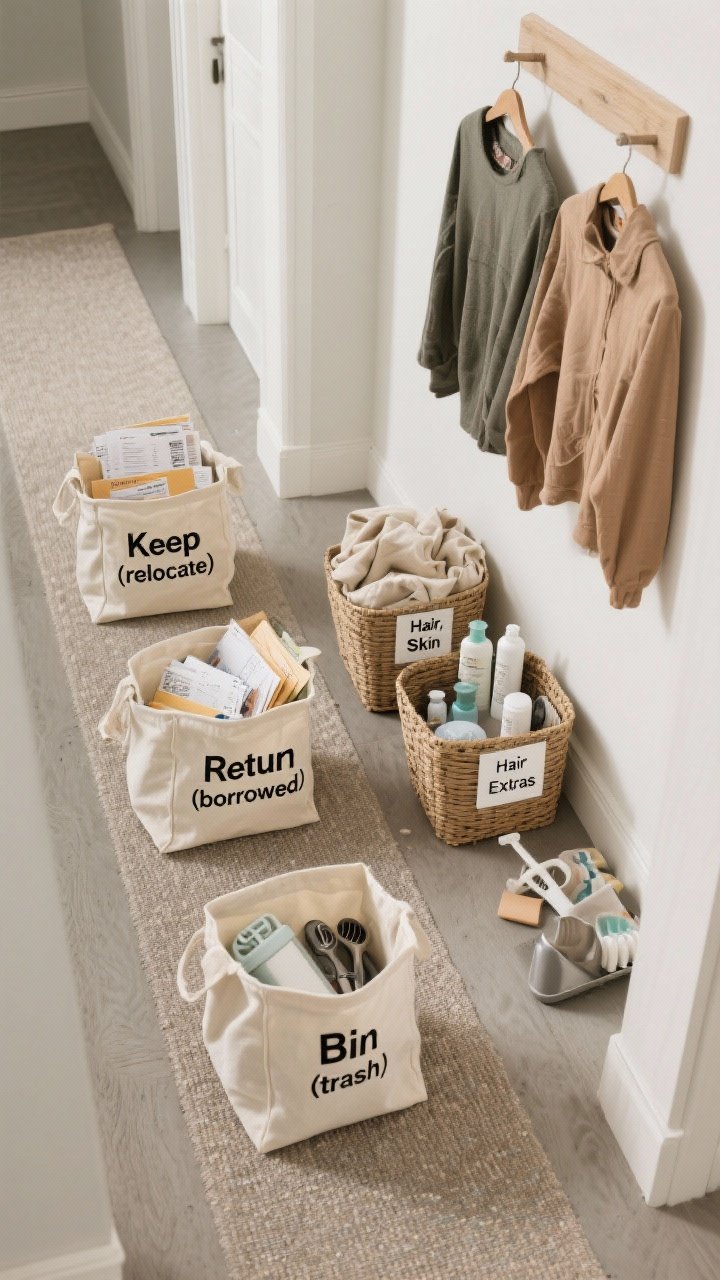 An overhead detail shot of a 5-minute declutter loop in action on a hallway runner: three labeled totes arranged “Keep (relocate), Return (borrowed), Bin (trash)” with sorted items—mail and receipts stack, reusable bags folded, a couple of orphan kitchen gadgets, a few bathroom products grouped next to labeled baskets “Hair, Skin, Extras,” and two clothing items on hangers for donation. Neutral background, clean typography on labels, tidy composition that radiates order.