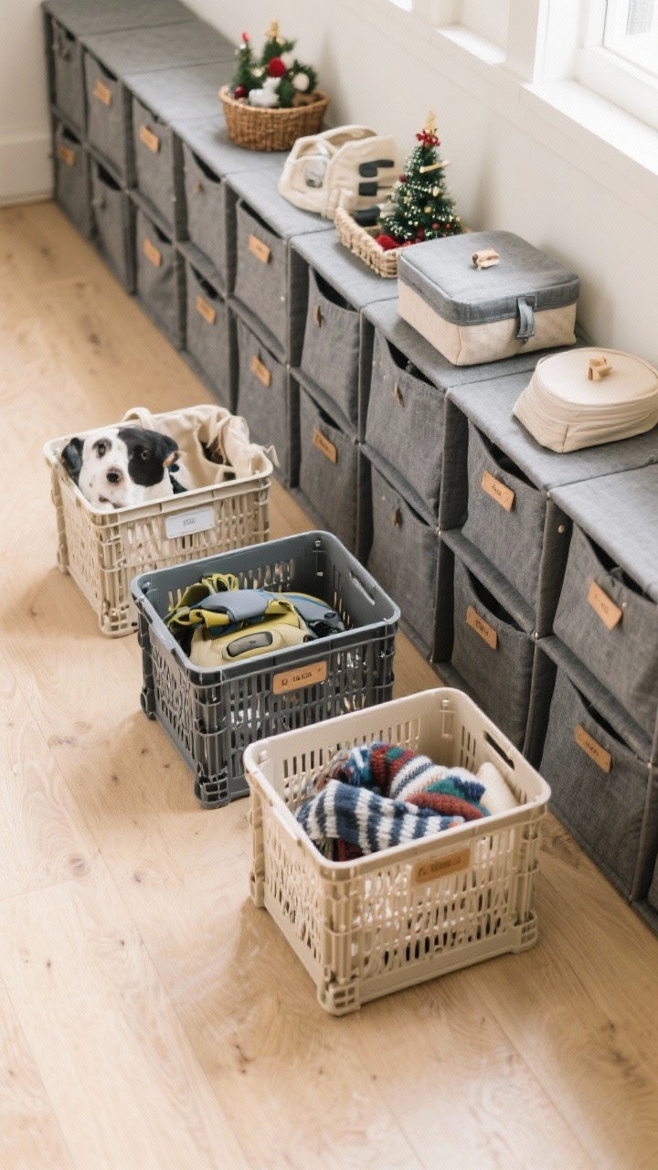 An overhead detail shot of collapsible crates and nesting baskets arranged on a light wood floor: fold-flat designs partially collapsed, a nesting set in two sizes, open-top bins with dog gear, scarves, reusable bags, and lidded styles holding holiday decor and rarely used gadgets. A row of fabric cubes fitted into a cube organizer for a polished look. Coordinated color scheme limited to two tones—soft charcoal and warm beige—for a tidy visual line. Natural daylight from the side highlights textile weaves, matte plastic textures, and clip-on label holders.