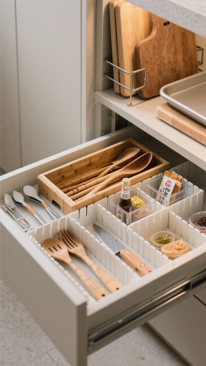 Angled detail shot into a deep drawer divided into a custom grid: an expandable bamboo utensil tray snug to the sides, adjustable white dividers creating long lanes for spatulas and ladles, small clear bins corralling soy sauce packets, tea sachets, and tiny baking tools, plus a low-profile wood knife insert. In the adjacent deep section, tension dividers stand cutting boards and a baking sheet vertically (file-folder trick). Gentle side lighting accentuates textures; mood: tidy and modular.