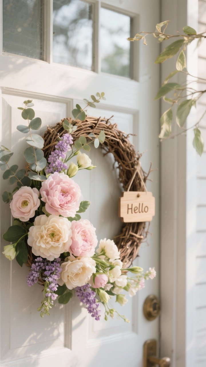 Closeup, asymmetrical spring wreath on a front door: a grapevine wreath base loaded on the bottom-left with clustered faux peonies, ranunculus, and lilacs in a blush and cream palette, with tucked eucalyptus sprigs adding soft movement; a tiny wood “Hello” sign hangs near the clusters; the top-right remains airy with a few wispy leaves; soft natural morning light, shallow depth of field highlighting petal textures, straight-on angle, photorealistic.