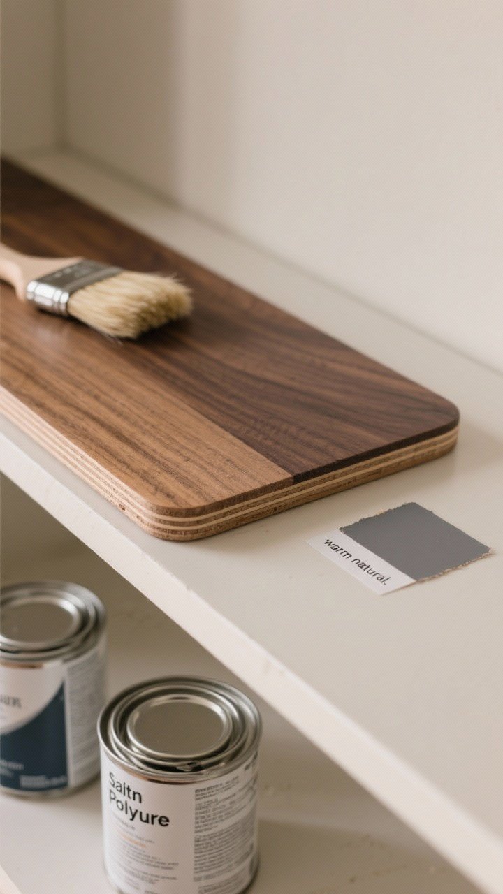 Closeup detail: A beautifully sanded shelf edge with subtly rounded front profile, half stained in a mid-tone (Special Walnut) fading to Classic Gray sample beside it, with a small test scrap labeled “warm natural.” A hand-held foam brush rests near two satin polyurethane cans (one water-based polycrylic). The focus is on smooth wood texture, even stain absorption, and edge-banded plywood front that reads as a custom high-end finish. Soft, diffused light highlighting grain.