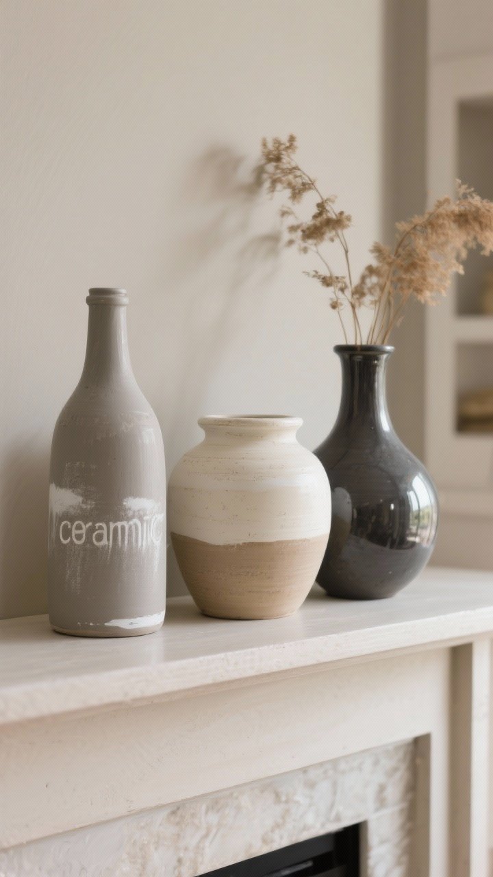 Closeup detail shot: a trio of faux “ceramic” vases made from repainted Dollar Tree glass in matte greige, cream, and charcoal, with subtle baking-soda texture and delicate dry-brushed white/taupe accents; mixed heights (bottle, jar, and bulb shapes) styled on a simple mantel with a few dried stems; soft natural side lighting emphasizing the pottery-like finish; neutral backdrop for a gallery-worthy, boutique feel.