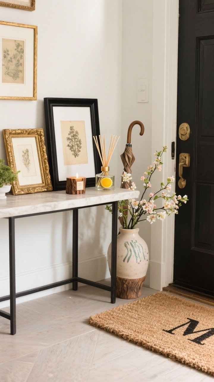 Closeup detail shot capturing personality: a vignette on a console with a mini-gallery of one vintage gilded frame beside a modern black frame, a subtle reed diffuser emitting a citrus scent next to a small woodsy candle, and a quirky ceramic umbrella stand peeking in the background; a monogrammed natural coir doormat at the threshold; seasonal switch-up touches with spring florals in a bud vase; warm, welcoming light and textures that feel personal and curated, no people.
