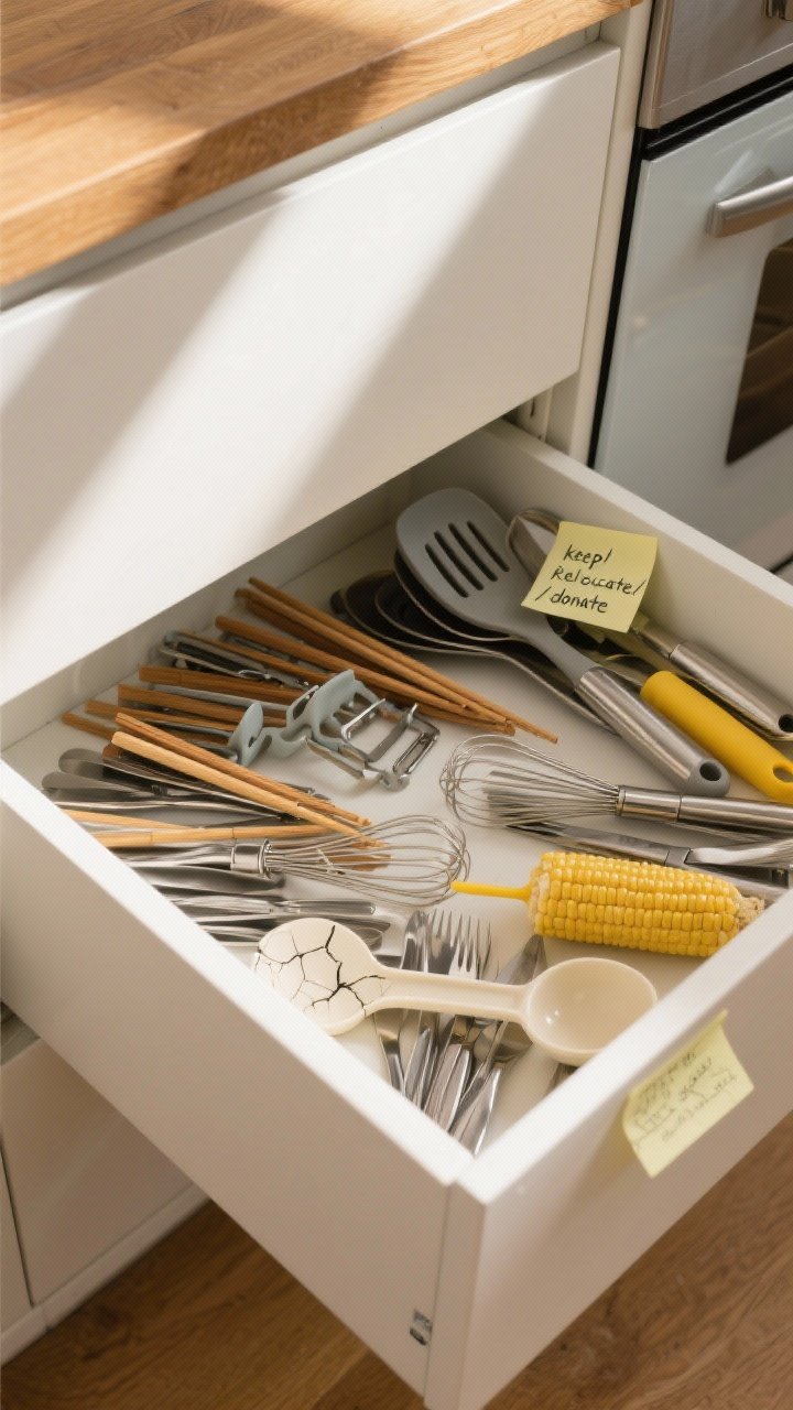 Closeup overhead shot of a kitchen drawer pulled fully open on a matte white cabinet, contents spread on a warm wood counter beside it: duplicate peelers, multiple spatulas, chopsticks, whisks, a rogue yellow corn holder, hotel cutlery, and a cracked plastic ladle in “keep/relocate/donate” piles labeled on sticky notes. Soft natural morning light from the left, subtle shadows, neutral palette with stainless steel and silicone tool textures; mood: decisive decluttering, no organizers yet, just the edit.
