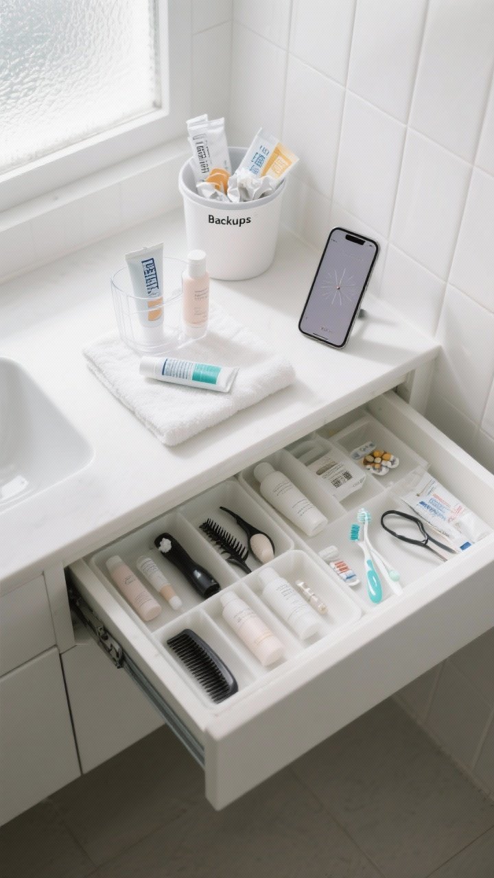 Closeup, overhead view: A small bathroom vanity drawer fully emptied onto a white towel on the counter, items grouped into neat categories—hair tools, skincare bottles, dental care, meds, and grooming tools—next to a small trash bin with expired SPF tubes and crumpled sample sachets. Include a labeled “Backups” clear bin with one unopened toothpaste and one spare face cleanser set aside. Soft morning light from a frosted window, clean white tile backdrop, minimal color: matte white, soft gray, and muted neutrals. Mood: decisive and uncluttered, with a visible 15-minute timer on a phone screen nearby.
