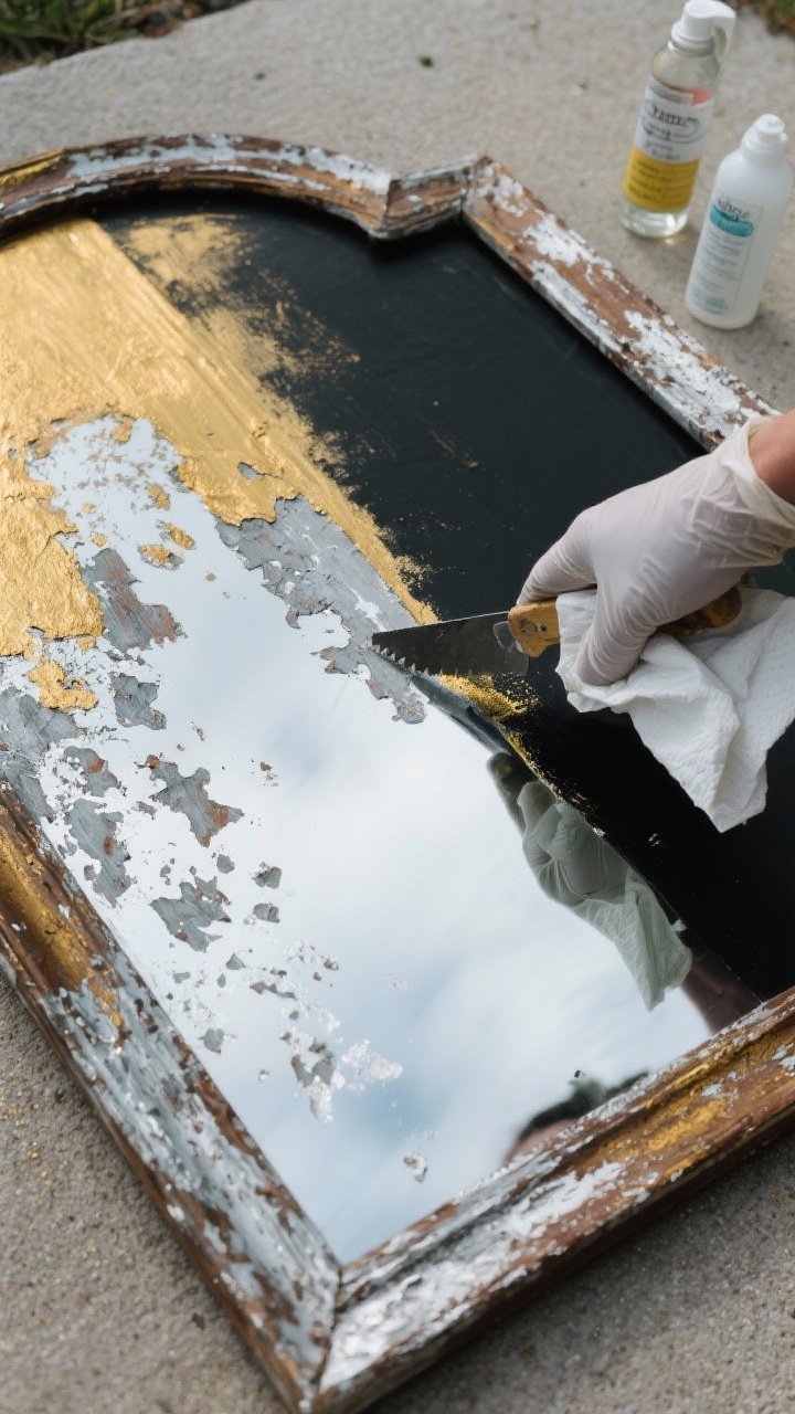 Closeup process shot of DIY antiquing on a removable-back thrifted mirror laid flat outdoors. The mirror back shows partially stripped silvering with irregular mottled patches; a gloved hand holds a scraper near softened backing from paint stripper. Water-vinegar spray bottle and dabbed paper towels create textured aged spots. Half the piece already backed with warm gold spray paint, the other with deep black, demonstrating two moods. Soft overcast daylight for even illumination; vintage patina, moody depth, no harsh reflections.