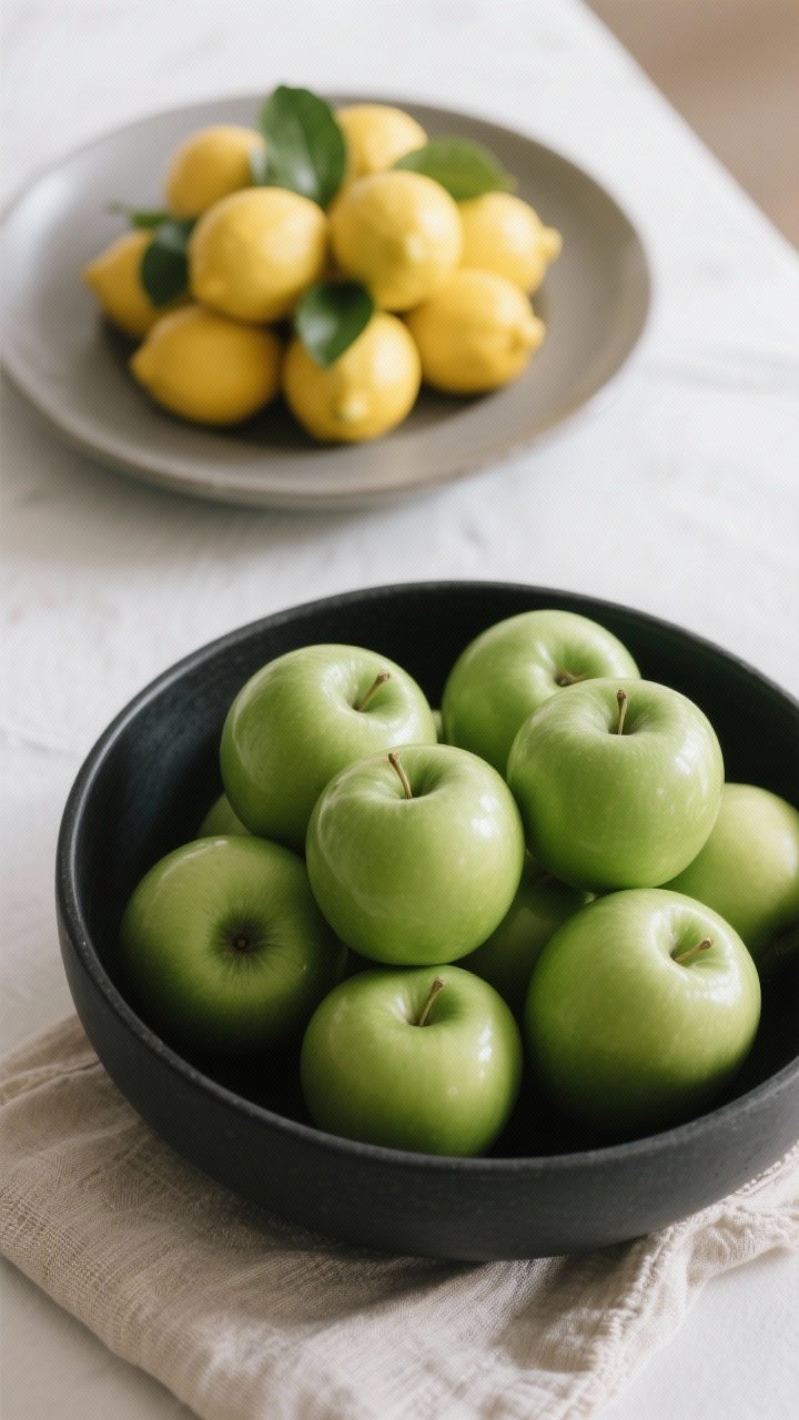 Closeup, straight-on detail of a fruit-forward centerpiece: a low, matte black bowl filled entirely with glossy green apples for a monochrome moment. Alternate option included in frame: a shallow platter with a tight cluster of lemons dotted with a few clipped green leaves. A soft linen napkin in natural flax peeks out under the bowl to add texture. Clean, editorial styling, soft daylight, crisp shadows, photorealistic.