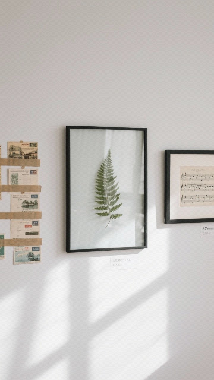 Closeup, straight-on view: A minimalist gallery moment on a white wall at eye level (57 inches to center), featuring a slim black metal frame with a pressed fern leaf floating behind glass, flanked by a washi-tape grid of vintage postcards and a small framed piece of sheet music; soft natural daylight grazing the wall to reveal paper textures and the delicate green leaf veins, with a subtle shadow from the frames.