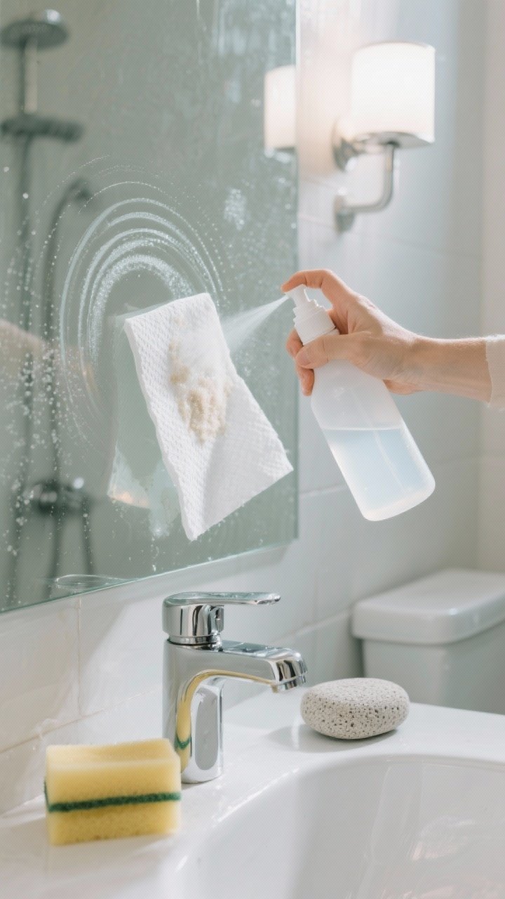 Closeup, straight-on view of a bathroom faucet and glass shower panel with hard water rings being treated: a spray bottle applying a 1:1 white vinegar and water solution; paper towels soaked and laid over stubborn spots on the glass; a non-scratch sponge ready to scrub; chrome fixtures with ghostly mineral rings partially dissolving; bright, clean bathroom light; a porcelain-safe pumice stone near a toilet in soft focus.
