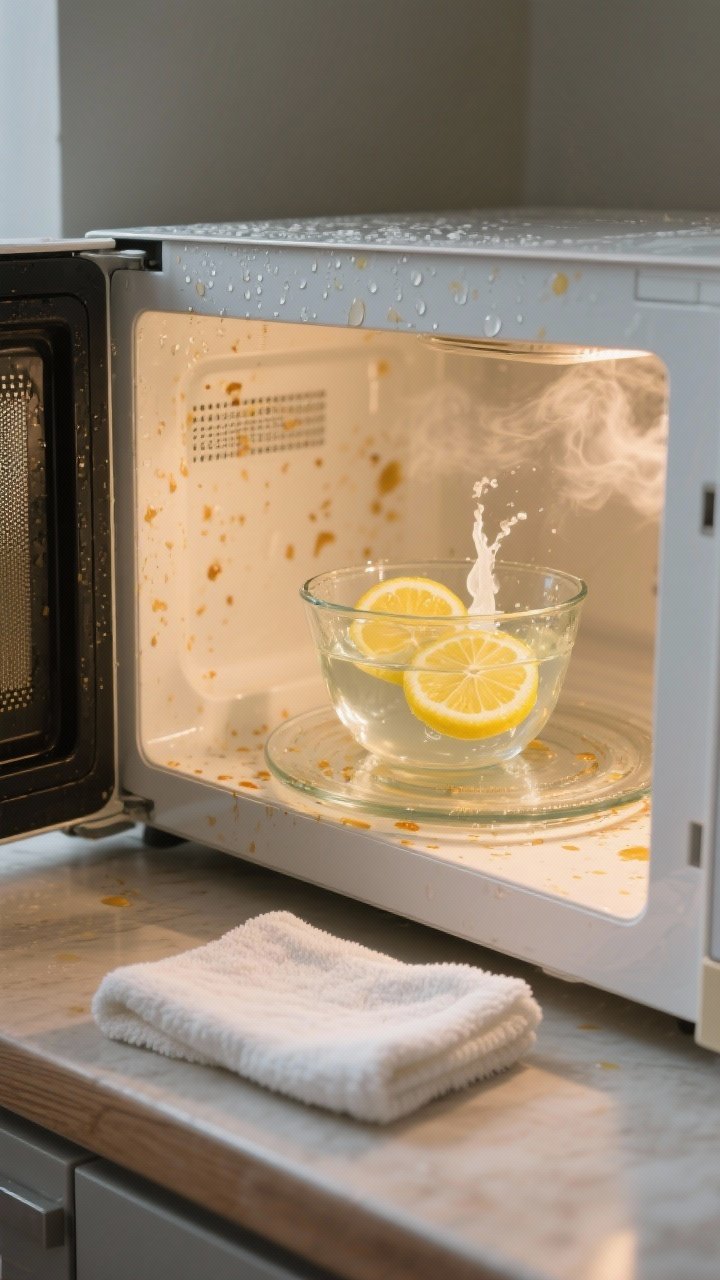 Closeup, straight-on view of a microwave interior with sticky splatters softened by steam: a microwave-safe glass bowl of water with thick lemon slices floating and a splash of white vinegar visible, door just opened with condensation on the glass, a folded white microfiber cloth resting on the microwave turntable, warm kitchen ambient light, subtle citrus freshness implied, photorealistic textures of steam and grease cutting away.