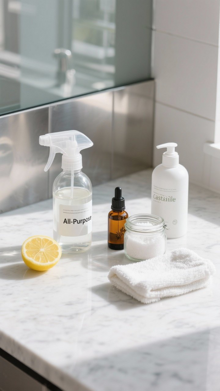 Closeup, straight-on view of a minimalist cleaning setup on a white quartz countertop: clear glass spray bottle labeled “All-Purpose” with translucent white vinegar solution and a slice of lemon floating, small amber dropper bottle of tea tree oil, open jar lid showing fine baking soda granules, and a simple white pump bottle of castile soap. Include a microfiber cloth folded neatly. Soft natural daylight from the left creates gentle reflections on stainless steel backsplash and glass; avoid natural stone surfaces in frame.