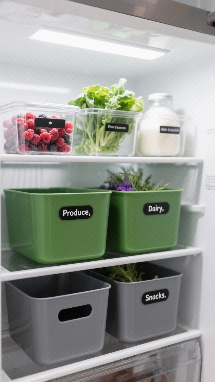 Closeup, straight-on view of a neatly arranged fridge shelf showcasing color-coded bins: matte green bins labeled “Produce,” clear bins labeled “Dairy,” and smoky gray bins labeled “Snacks.” Matching black-and-white minimalist labels in one clean sans-serif font. Clear decanted containers for berries, leafy greens, and herbs so the natural reds, greens, and purples pop through the transparent sides. Soft, cool interior fridge lighting, crisp, magazine-like styling, no people.