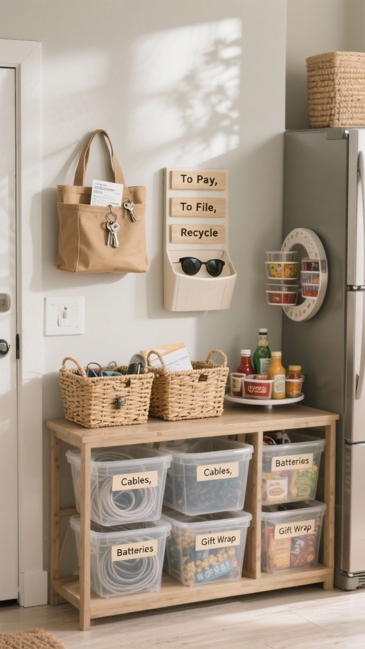 Closeup, straight-on view of an entry console with labeled wicker entry baskets for keys, mail, and sunglasses; a dedicated tote for returns with receipts clipped inside; a small wall-mounted sorter with “To Pay,” “To File,” and “Recycle” labels; clear bins on a lower shelf labeled “Cables,” “Batteries,” “Gift Wrap”; a fridge visible nearby with a lazy Susan holding condiments and grouped snack bins; photorealistic, soft natural daylight, neat typography labels made with a label maker, calm, organized mood.