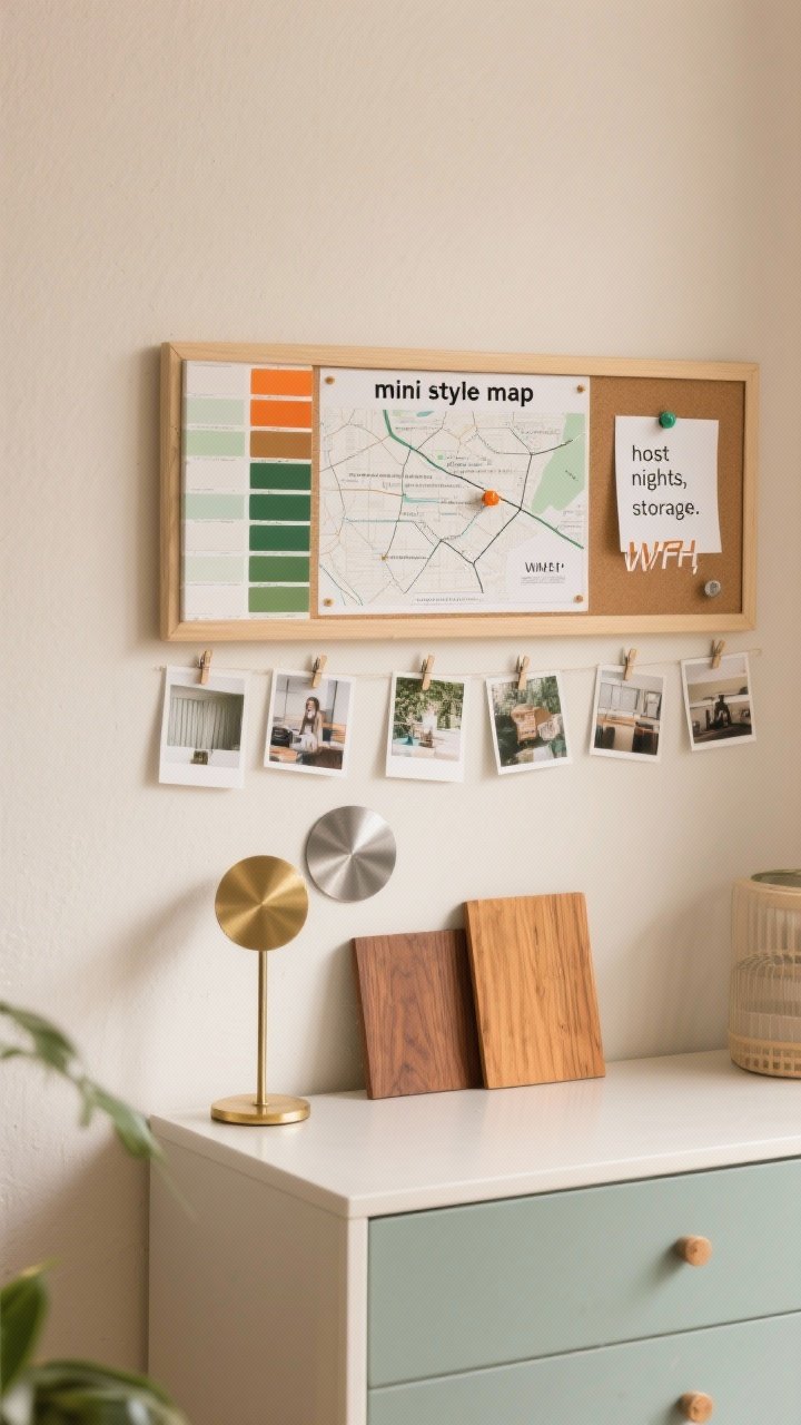 Closeup, straight-on vignette: a “mini style map” pinboard on a wall above a small console, showing a cohesive first-apartment vibe. Include paint swatches for a palette of white base, sage green main color, and burnt orange accent; metal samples in brushed brass; two wood samples (both warm-toned); printed notes reading “host nights,” “WFH,” and “storage.” Add 10 small inspo photo printouts clipped neatly, a neutral beige wall, soft natural daylight, no people, photorealistic.