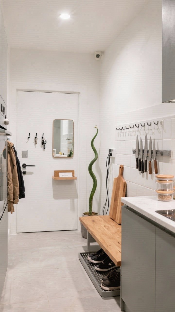Composite wide shot from the entry toward the micro-kitchen: Functional tiny extras—a slim wall-mounted shelf by the door as a landing strip with keys and mail; a row of hooks beside a mirror for coats; a narrow bench with a shoe tray underneath; the micro-kitchen shows a magnetic knife strip and rail system freeing counter space; clear canisters neatly stacked; a warm wood serving board leaned against tile to soften metal; discreet cable management with hidden cords; a tall, slim snake plant in a corner; clean, bright lighting, photorealistic, no people.