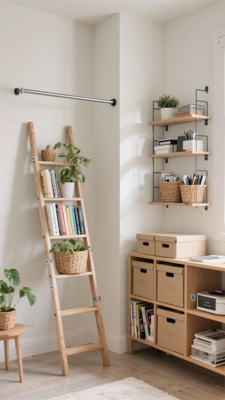 Corner angle wide shot of renter-friendly shelving solutions without drilling: a leaning ladder shelf styled with books, plants, and baskets that feel airy; a tension pole system running from floor to ceiling with adjustable shelves, rods, and baskets organizing office supplies and kitchen overflow; a freestanding bookcase lined with lidded boxes and magazine files for curated hidden storage; anti-tip safety nod via discreet removable adhesive straps, units positioned near a corner for stability; neutral walls, subtle shadows, calm contemporary aesthetic, bright but soft ambient lighting