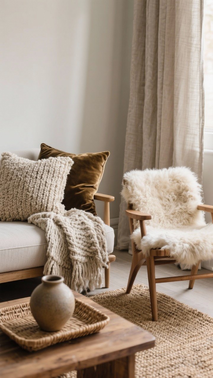 Detail closeup: A layered texture vignette on a small sofa and chair—bouclé throw pillows, a chunky knit blanket draped over the arm, a soft sheepskin (faux) over a side chair, with a jute/wool rug beneath. Include a linen curtain grazing the floor and a velvet pillow for contrast. Add a wood coffee table corner with a ceramic vase and a woven tray for organic warmth. Soft, diffused natural light to emphasize fabric weaves and tactile depth. Photorealistic, no people.