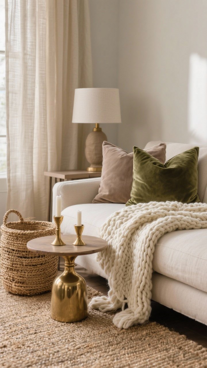 Detail closeup: A layered texture vignette on a sofa and side table—chunky knit throw in cream, velvet pillows in muted taupe and moss, linen curtain softly backlit; nearby woven seagrass basket and a jute rug underfoot; brass candleholders adding a gentle shine, and a small glossy ceramic lamp base; tight color palette of two neutrals plus warm brass; shallow depth of field, side lighting, photorealistic.