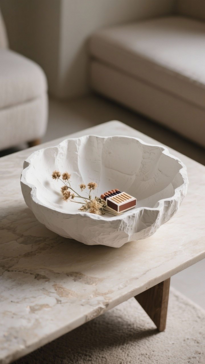 Detail closeup: A paper mâché statement bowl on a coffee table, sculptural and lightweight, formed over a bowl mold, refined with joint compound for an artisan texture, edges neatly trimmed and sanded; finished in matte plaster white with subtle stone-tone variation; styled either empty as sculpture or holding a few dried flowers and decorative matchboxes; soft side lighting highlighting the layered, sanded texture, tight framing to showcase surface detail.