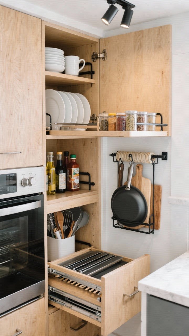 Detail closeup, cabinet Tetris in a tiny kitchen: open cabinet showing stacking shelf risers doubling vertical space—white plates below, mugs above; a pullout tray gliding out with neatly arranged spices; a lazy Susan in a deep corner with oils and sauces; back-of-door rack holding wraps and cutting boards; adjacent drawer pulled open with adjustable dividers sorting utensils; vertical rack filing baking sheets and pot lids upright; finishes include light maple cabinet interiors, matte black racks, and brushed steel hardware; crisp overhead task lighting; photorealistic