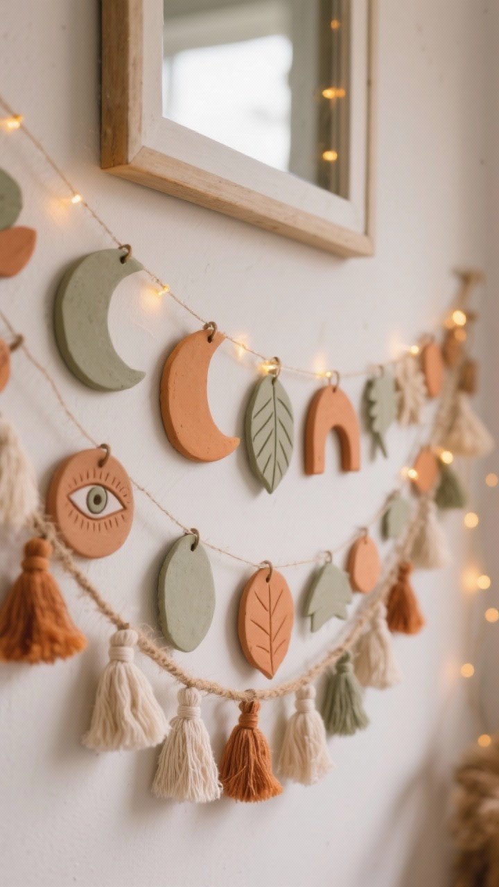 Detail closeup of DIY clay wall charms and tassel garland: air-dry clay shapes (moons, arches, an eye motif, and leaves) painted in muted earthy tones (sage, ochre, terracotta) interspersed with chunky cotton tassels on jute; staggered heights create movement; matte-sealed clay with a soft, natural finish; hung over a simple mirror frame edge for context, with optional tiny warm fairy lights softly glowing along the jute; shallow depth of field and warm ambient evening light, no people