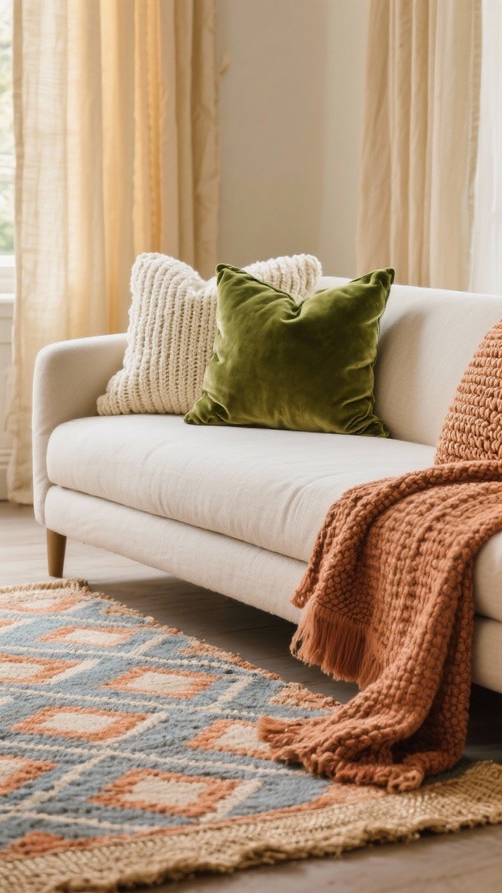 Detail closeup of layered textiles on a sofa and floor: a smaller patterned rug (muted geometric in dusty blue and terracotta) layered over a larger neutral jute rug; linen curtains hung high and wide in warm cream to fake taller ceilings; a mix of pillow covers—velvet in moss green, chunky knit in ivory, and woven texture in clay—arranged cohesively using a 2–3 color palette; soft, diffused natural light highlighting fabric weaves, washable, lived-in look.