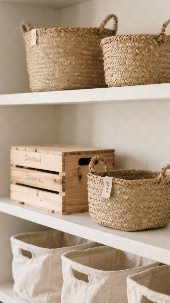 Detail closeup of nature-led storage textures: a vignette of woven seagrass baskets (two sizes, repeated), a small stack of unfinished wood crates with simple handwritten tags or painter’s tape labels, and cotton/jute fabric bins on a shelf. Emphasize breathable materials, a neutral palette (sand, oatmeal, warm wood), and soft diffused daylight that highlights weave patterns and grain. Calm mood, cohesive repetition, no plastic, photorealistic focus on textures.