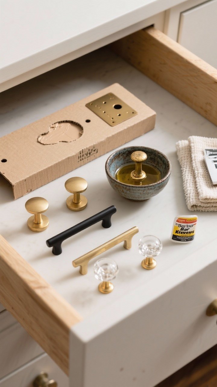 Detail closeup, overhead view of a drawer front hardware glow-up: options laid out neatly—brass cup pulls (lightly polished), matte black bar pulls, and clear acrylic knobs with brass stems; a small bowl of vinegar with a tarnished brass pull half-submerged, Bar Keepers Friend nearby, microfiber cloths; a cardboard drilling template aligned to the drawer face, a chic brass backplate covering old holes, wood putty patch sanded smooth on an extra drawer face; soft diffused light highlighting metal finishes and wood grain.