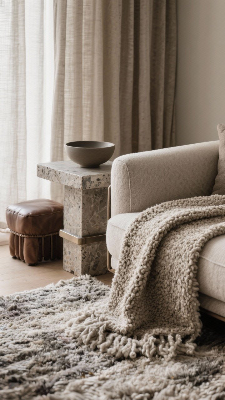 Detail closeup, side angle focusing on layered textures: a chunky wool rug underfoot, linen curtains draping softly, a bouclé throw over the sofa arm, and a small leather ottoman nearby. Include matte ceramic bowl on a honed stone side table with brushed metal accents. Tonal, low-contrast colors so the textures do the talking. Soft diffused lighting to emphasize surface variation without harsh shadows.