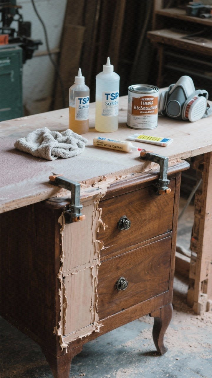 Detail closeup, straight-on view of a workbench scene: a vintage wooden nightstand being prepped—half the surface scuff-sanded with 150 grit showing de-gloss, a section repaired with wood filler smoothed flush, clamps holding a loose joint with wood glue squeeze-out; bottles of TSP substitute and vinegar solution with a damp microfiber cloth; a shellac-based stain-blocking primer can and bonding primer labeled for laminate; include a lead test swab kit on the side and a properly fitted respirator resting nearby; cool, even workshop lighting highlighting dust and surface texture.