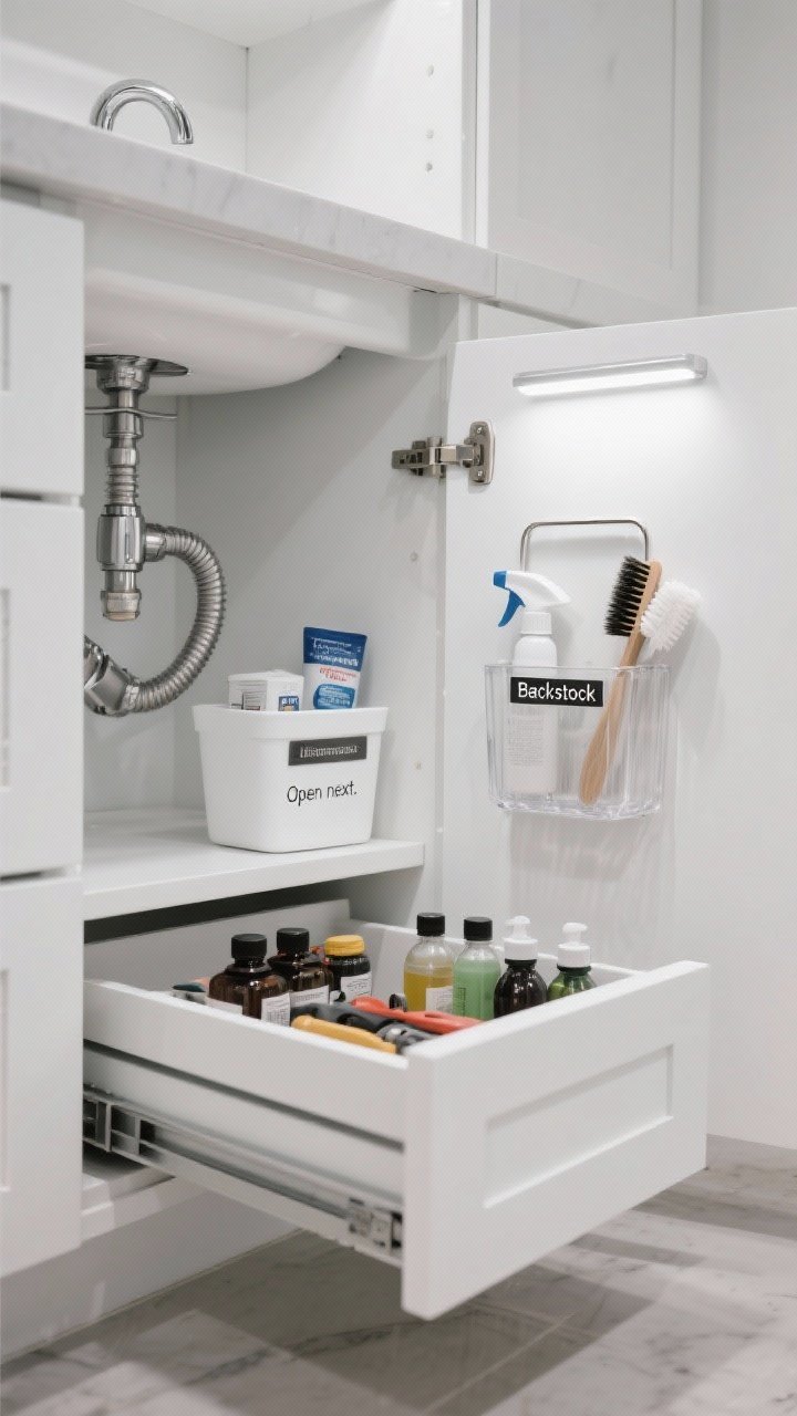 Detail, inside-cabinet angle: Under-sink space optimized with a U-shaped shelf riser wrapping around the plumbing, slim pull-out drawers holding neatly arranged bottles and tools, and an adhesive pocket on the cabinet door with brushes and cleaning spray. A labeled “Backstock” bin contains unopened items, with one noted as “Open next.” A handled caddy corrals cleaning supplies, bottles upright and capped. Cool white task lighting, crisp white cabinet interior, chrome pipe, and clear acrylic organizers—no deep bins. Mood: efficient and tidy.