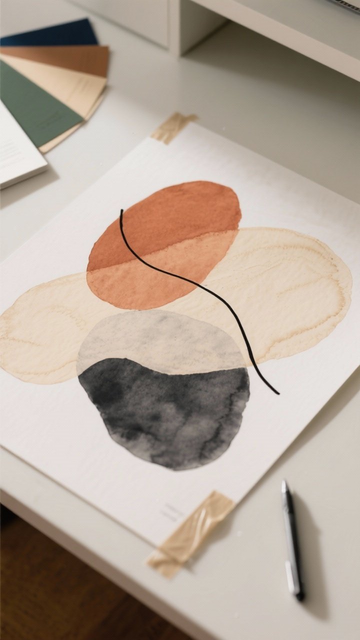 Detail shot, angled from above: An abstract print-in-progress on a desk—three layered irregular shapes (terracotta, cream, charcoal) with reduced opacity overlaps, a single continuous black line sweeping over the shapes, and a faint watercolor/paper grain texture overlay at low opacity. Additional palette cards show sage + sand + oat, navy + tan + off-white. Include a stylus and masking tape holding the paper. Soft daylight, gentle shadows, photorealistic.