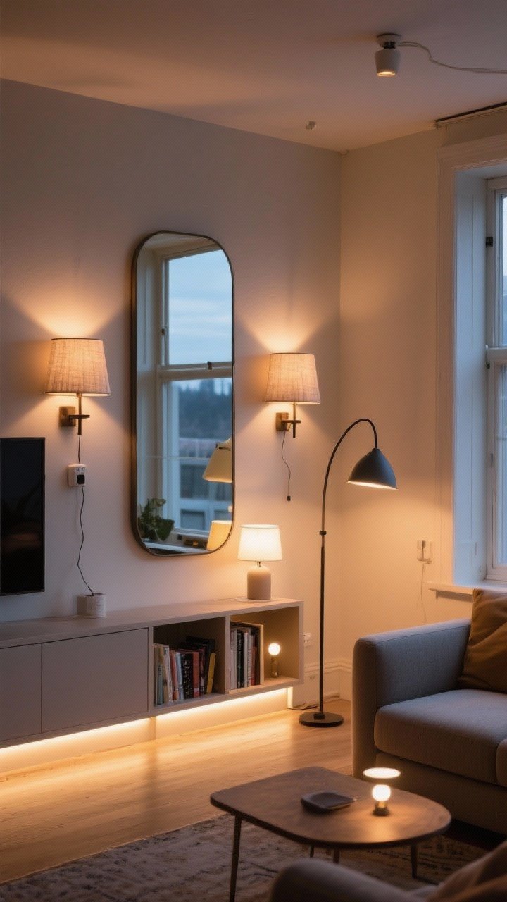 Detail-to-medium shot: A layered lighting vignette in a small living room—plug-in wall sconces with fabric shades flanking a mirror placed directly across from a window to bounce natural light; an arc floor lamp sweeping over a compact seating area; under-cabinet LED strips illuminating a small bookcase niche; smart bulbs casting warm soft-white in the living zone; include a dimmable table lamp for nighttime glow; evening scene with mixed warm light layers, photorealistic reflections in the mirror, no overhead-only glare.