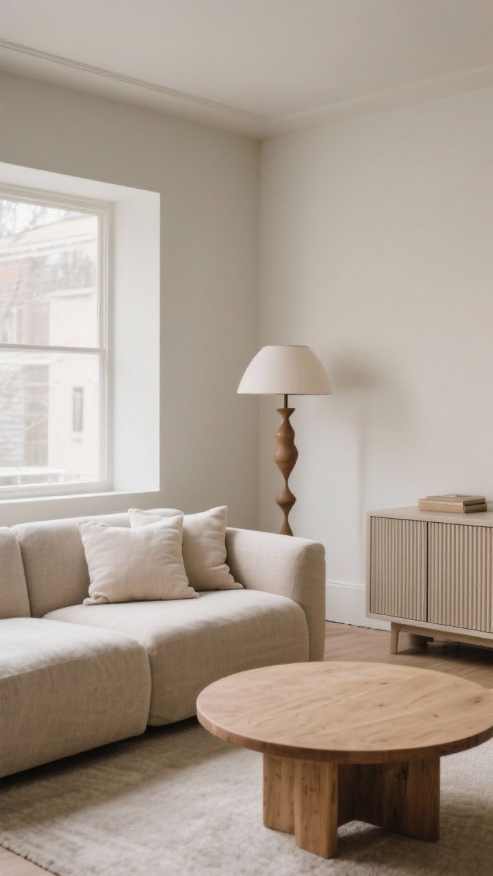 Medium corner angle: A living area anchored by fewer, better pieces—neutral linen sofa with deep seats and only two plush pillows, a round solid wood coffee table softening the lines, a closed-front fluted storage credenza keeping clutter hidden, and one hero piece: a sculptural floor lamp allowed breathing room; materials read plush yet streamlined under gentle, even lighting.