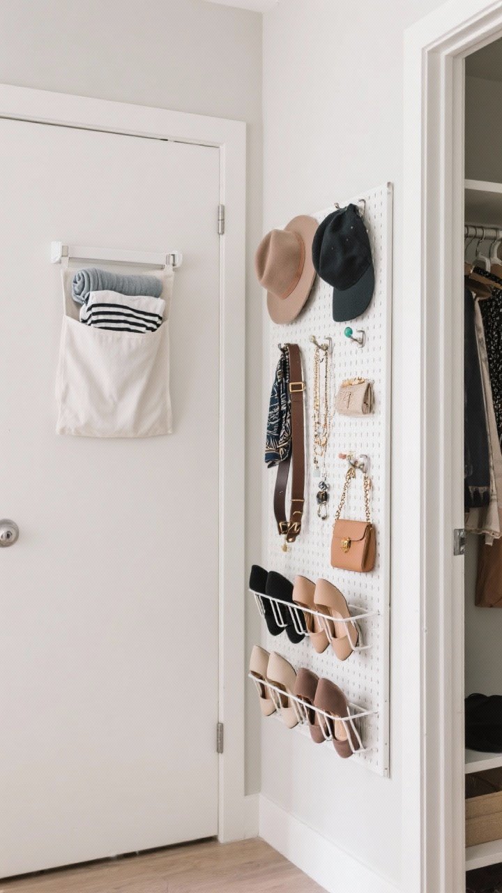 Medium corner angle of a closet door and adjacent wall. Over-the-door shoe rack displays neatly arranged heels and flats, with a couple rolled tees in a top pocket. On the inside wall, peel-and-stick hooks form small zones for belts, hats, bags, and layered necklaces, all untangled. A small white pegboard panel holds jewelry, scarves, and a mini pouch. Clean, budget-friendly materials; bright functional lighting; calm, organized mood.