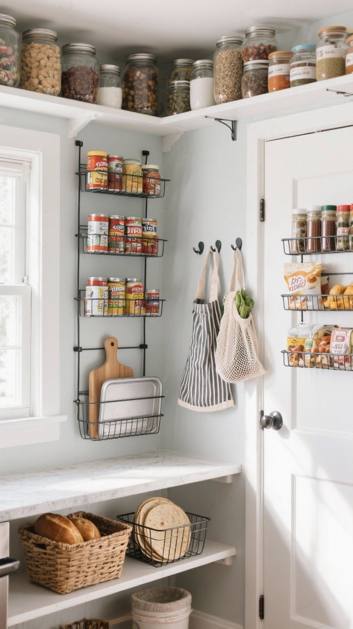Medium corner-angle view emphasizing vertical storage upgrades: wire risers displaying tiers of canned goods, 3M hooks on the side wall holding an apron, reusable tote, and mesh produce bags, under-shelf baskets cradling bread and tortillas, a vertical pair of tension rods creating divided slots for cutting boards and baking sheets, and an over-the-door rack packed with spices, wraps, and snacks; show the unused space above jars now efficiently filled; crisp daylight with slight shadow depth, Tetris-like neatness.