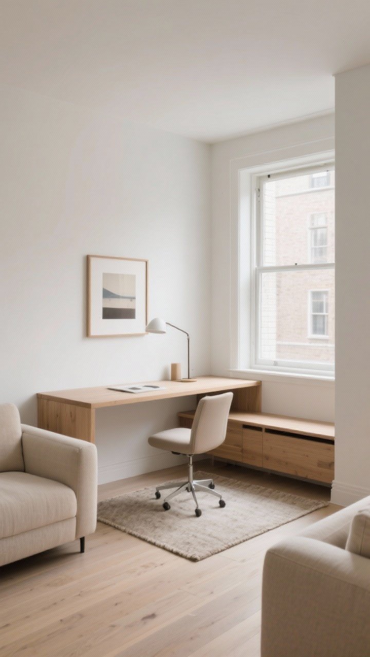 Medium corner shot: A small office nook tucked beside a living room window, desk angled perpendicular to soft natural light, a petite neutral rug defining the zone and a single framed print above the desk; a narrow desk floated behind a sofa doubles as a console, blending seamlessly with the room; quiet side of the room vibe, muted palette of light wood, white walls, and soft beige textiles; no harsh glare, calm mood; photorealistic, corner angle that shows the window, sofa back, and the intentional placement